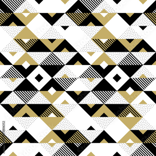 Tapeta ścienna na wymiar Triangle geometric abstract golden seamless pattern. Vector background of black, white and gold triangular pattern or square swatch ornament texture or mosaic design backdrop tile template