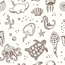 Hand Drawn Doodle Sea Life Seamless Pattern