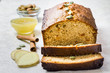 Pumpkin spiced cinnamon honey loaf cake and ingredients. Selective focus, close up.