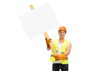 Sticker - Construction worker holding a blank cardboard sign