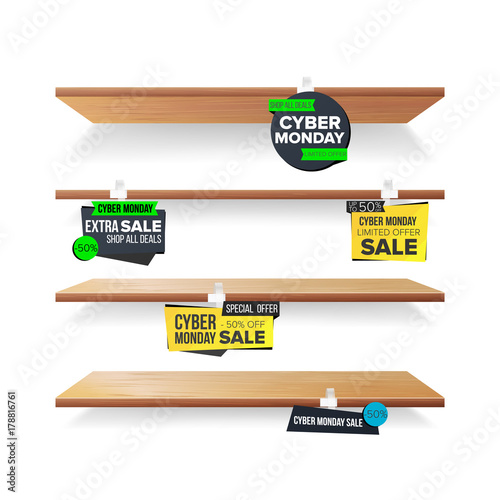 Empty Shelves Cyber Monday Advertising Wobblers Vector Retail Empty Shelves Cyber Monday Advertising Wobblers Vector Retail Concept Big Banner