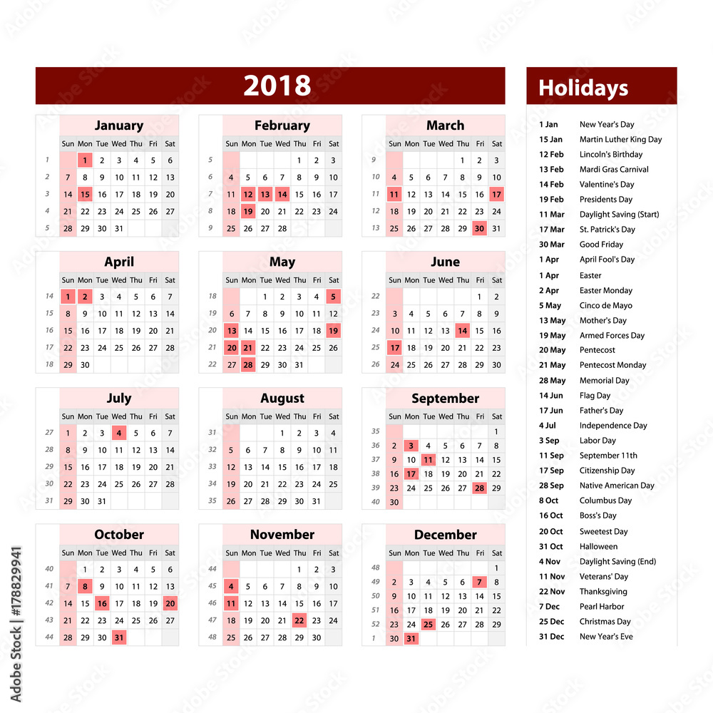 Vector of 2018 new year calendar and holidays. style red color