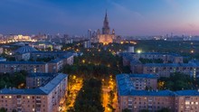 Moscow State University Night To Day Timelapse Before Sunrise Aerial View From Rooftop.