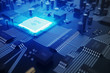 © rost9 - 3D rendering Circuit board. Technology background. Central Computer Processors CPU concept. Motherboard digital chip. Tech science EDA background. Integrated communication processor, Information CPU