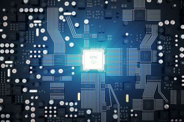 Poster - 3D rendering Circuit board. Technology background. Central Computer Processors CPU concept. Motherboard digital chip. Tech science EDA background. Integrated communication processor, Information CPU