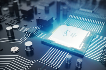 Poster - 3D rendering Circuit board. Technology background. Central Computer Processors CPU concept. Motherboard digital chip. Tech science EDA background. Integrated communication processor, Information CPU