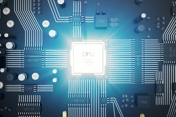 Poster - 3D rendering Circuit board. Technology background. Central Computer Processors CPU concept. Motherboard digital chip. Tech science EDA background. Integrated communication processor, Information CPU