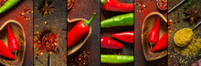 Collage With Hot Pepper And Various Spices, Banner Format