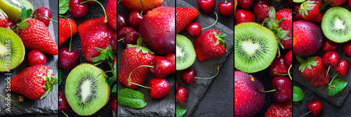 Plakat Kolaż z dojrzałe soczyste jagody i owoce, format transparentu