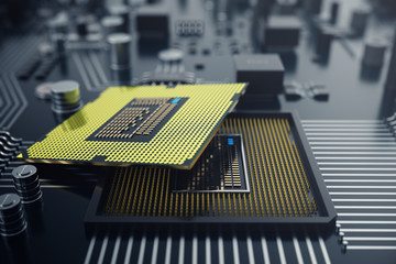 Poster - 3d rendering central computer processors cpu concept. electronic engineer of computer technology. co