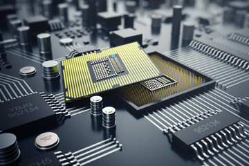 Poster - 3d rendering central computer processors cpu concept. electronic engineer of computer technology. co