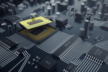 Poster - 3d rendering central computer processors cpu concept. electronic engineer of computer technology. co