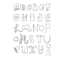 Fototapete - Black and white letters sequence from A to Z. Bright english font in hand drawn doodle freehand and various shape style