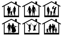 Family Silhouette Home. Couple Man And Woman With A Child In The House. People Jumping Vector Set Icon.