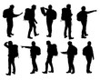 Set of vector realistic silhouettes of man and woman standing, walking and showing hand and map and backpack in different poses - isolated