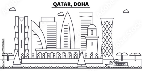 Download Qatar, Doha architecture skyline: buildings, silhouette, outline landscape, landmarks. Editable ...
