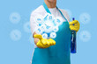 Cleaning lady shows cleaning services .