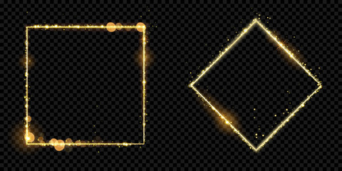 Wall Mural - golden frame squares of gold glitter light particles. vector shiny sparkling square rhombus line squ