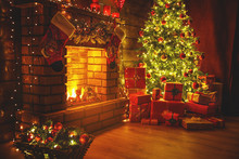 Interior Christmas. Magic Glowing Tree, Fireplace Gifts In  Dark