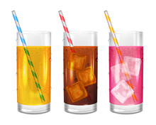 Three Realistic Glasses Of Beverages With Straws. Cola With Ice Cubes. Yellow Lemonade. Strawberry Pink Soda. Transparent Tall Glasses Of Lemonade. Vector Illustration On White Background.