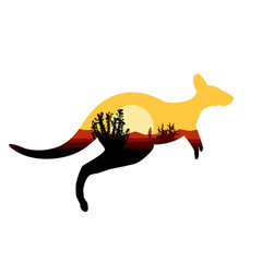 Wall Mural - Image silhouette of jumping australian kangaroo with desert bush.