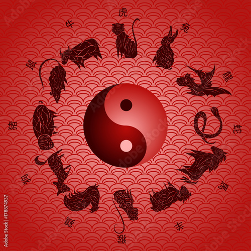 Set Of Stylized Chinese Zodiac Signs Of Animals Are Around The Yin