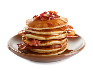 Wall Mural - Plate with pancakes and bacon on white background