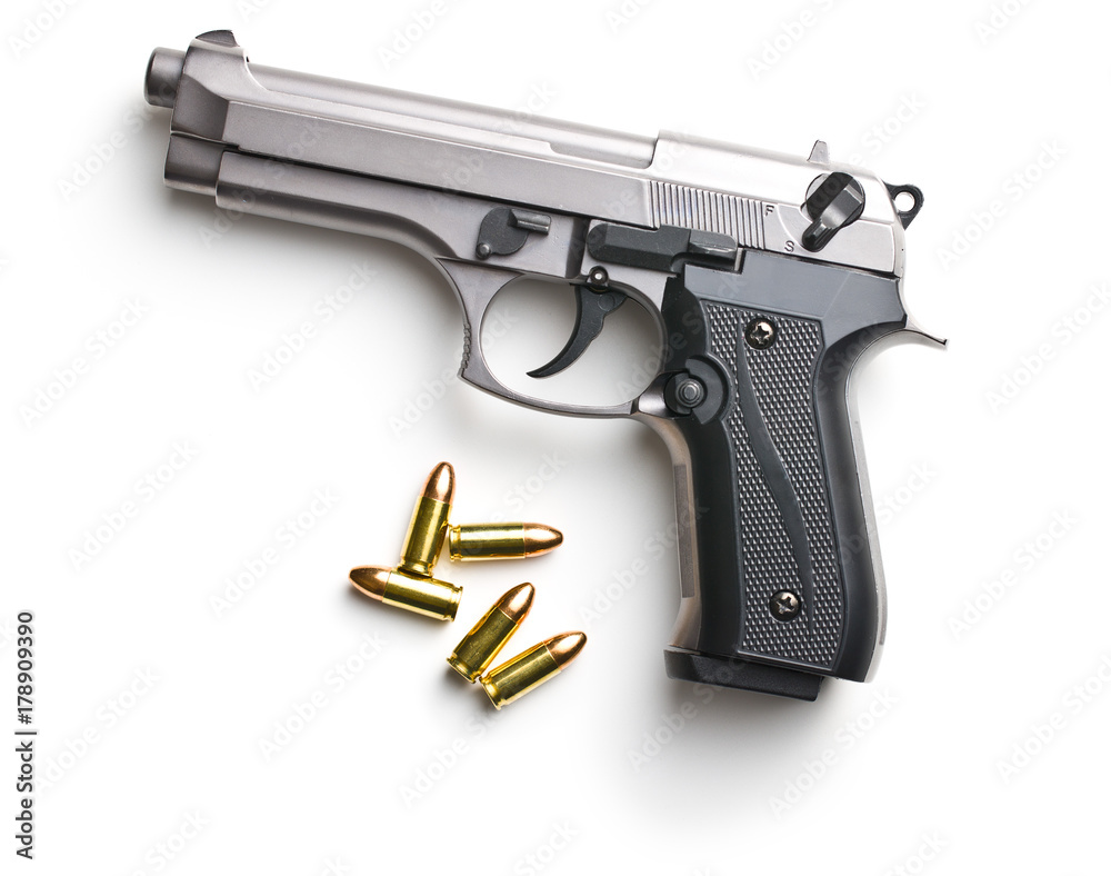 9mm pistol bullets and handgun. - obrazy, fototapety, plakaty 