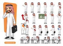 Set Of Businessman Saudi Arab Man Cartoon Character Design With Different Poses, Isolated Against White Background.