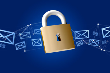 Poster - Padlock security connection surrounded by mail isolated on a color background - 3d rendering