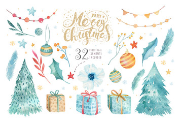 merry christmas watercolor set with floral elements. happy new year lettering poster collection. win