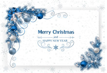 Christmas Background With Decoration And Paper. Christmas Card With Bells And Ribbons