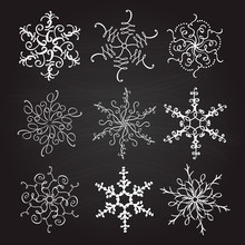 Set Of Nine Vintage Vector Illustration Christmas Snowflakes On Chalkboard Background. Flourish Calligraphic Handmade
