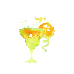 Sticker - Green cocktail alcohol mixed drink or lemonade colorful hand drawn watercolor vector Illustration