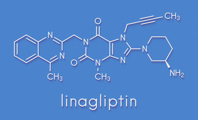 Sticker - Linagliptin diabetes drug molecule (dipeptidyl peptidase 4 or DPP4 inhibitor). Skeletal formula.