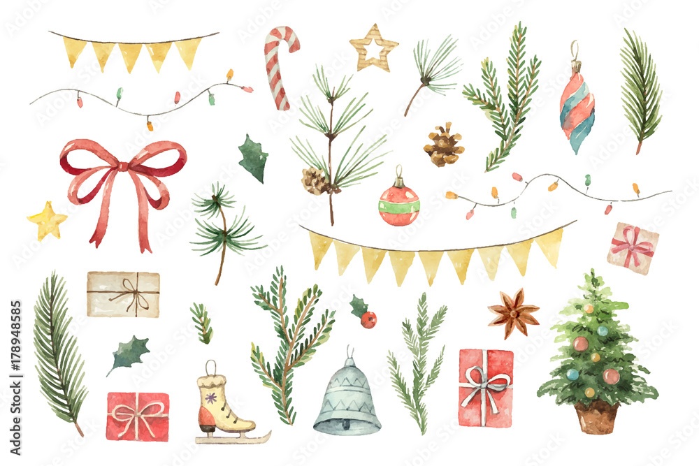 Watercolor vector Christmas set with fir branches, balls, gifts ...