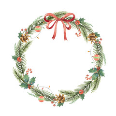 Wall Mural - watercolor christmas frame with fir branches and place for text.