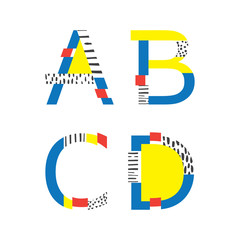 Poster - Vector set with geometric style letters sequence from A to D. Hand drawn elements, bright colors.