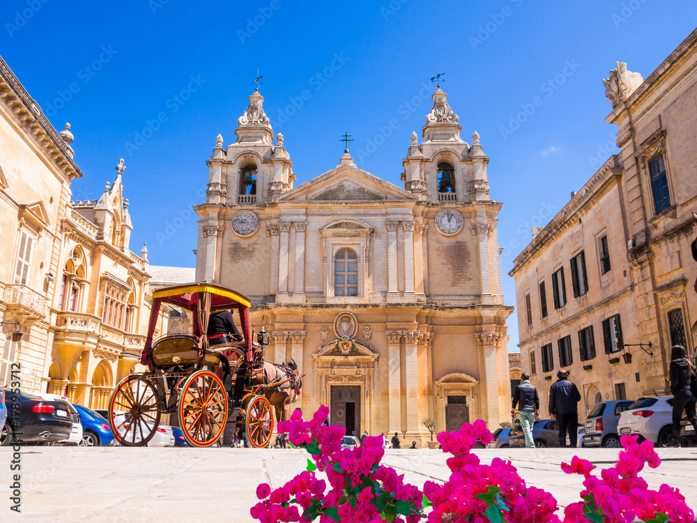 Town square and Saint Poul Cathedral in Mdina village of Malta in Europe - obrazy, fototapety, plakaty 
