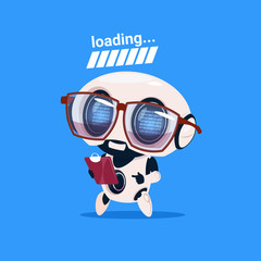 Poster - Cute Robot Loading Wear Glasses Isolated Icon On Blue Background Modern Technology Artificial Intelligence Concept Flat Vector Illustration