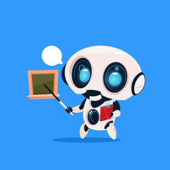 Poster - cute robot teacher hold pointer near school board isolated icon on blue background modern technology