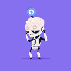 Poster - Cute Robot Updating Software Isolated Icon On Blue Background Modern Technology Artificial Intelligence Concept Flat Vector Illustration