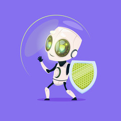 Poster - Cute Robot Hold Shield Data Protection Technology Isolated Icon On Blue Background Modern Artificial Intelligence Concept Flat Vector Illustration