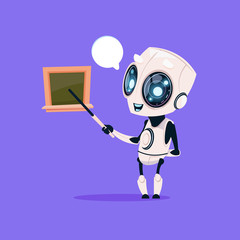 Fototapete - Cute Robot Teacher Hold Pointer Near School Board Isolated Icon On Blue Background Modern Technology Artificial Intelligence Concept Flat Vector Illustration