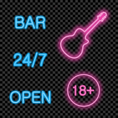 Leinwandbilder - Neon bar signs set - guitar, open 24/7, 18 plus. Glowing and shining bright signboards collection. Vector illustration.