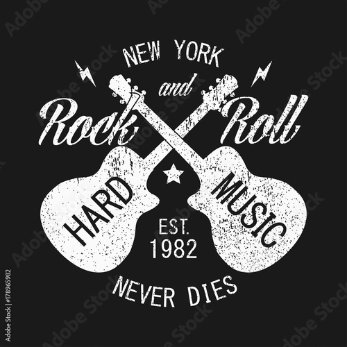 Dekoracja na wymiar  new-york-rock-and-roll-grunge-print-na-odziez-z-gitara-godlo-typografii-na-koszulke