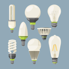 Poster - Incandescent bulbs, halogen and other different types. Vector pictures in cartoon style