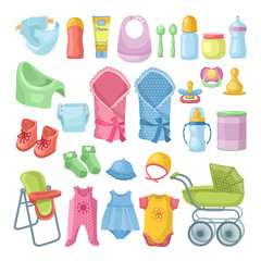 Sticker - Illustrations set of newborn stuff. Different pictures set in cartoon style