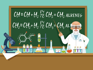 Sticker - Professor in his laboratory for experiments. Medical and chemical ingredients. Vector background illustration