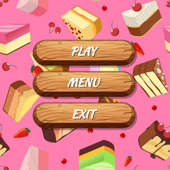 Wall Mural - Vector cartoon style wooden buttons with text for game design on cake pieces background
